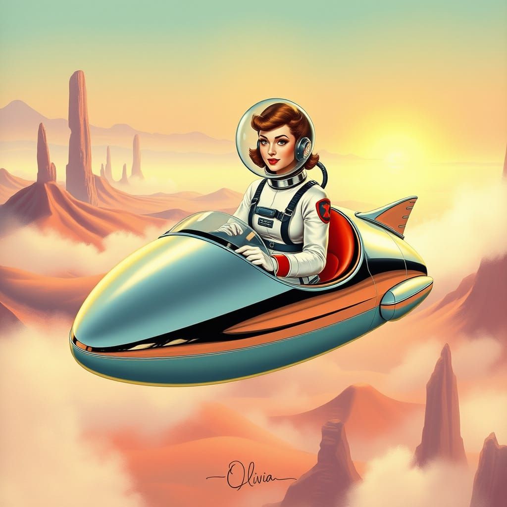 Retro Pinup Girl Flies Rocket Car in Alien Landscape