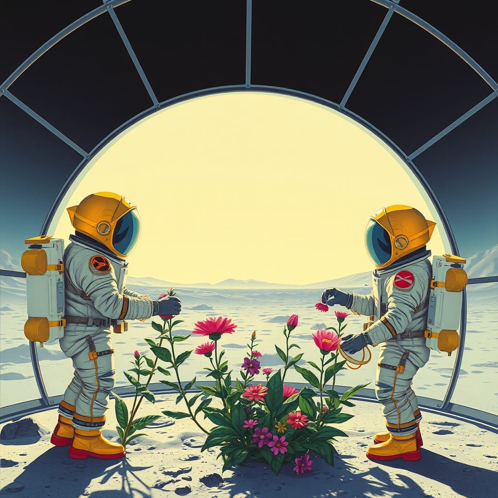 Retro Futuristic Astronauts Tend Moonflowers in 1960s Ukiyo-...