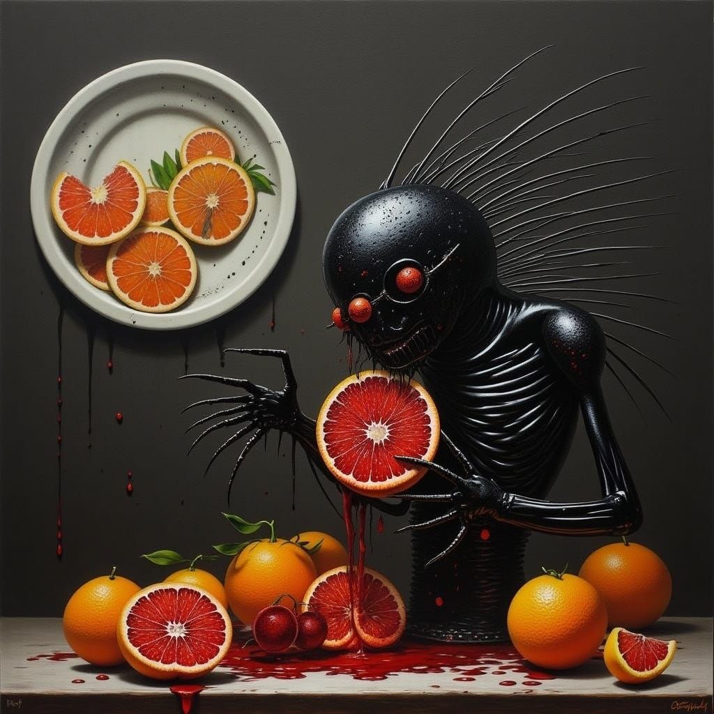 Biomechanical figure consumes a blood orange in a dark, omin...