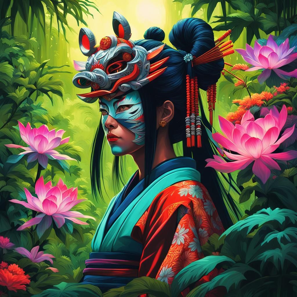 Samurai Warrior and Geisha in Jungle Neon City