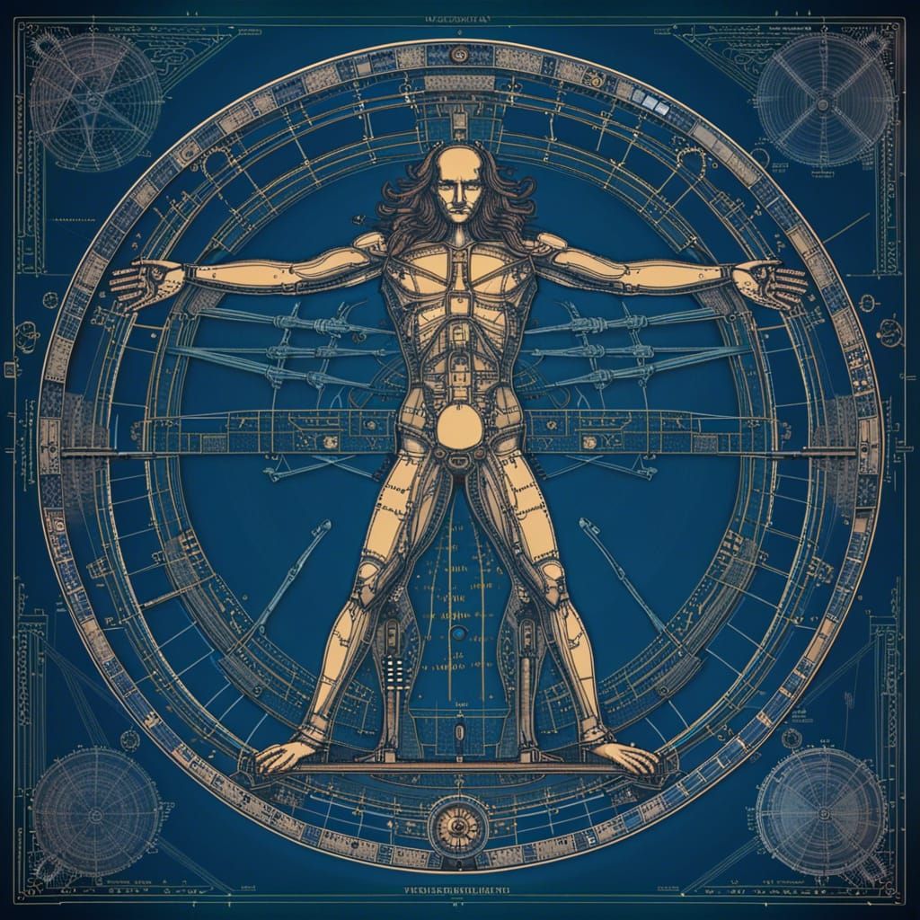 Steampunk Vitruvian Man: Detailed Schematic Art
