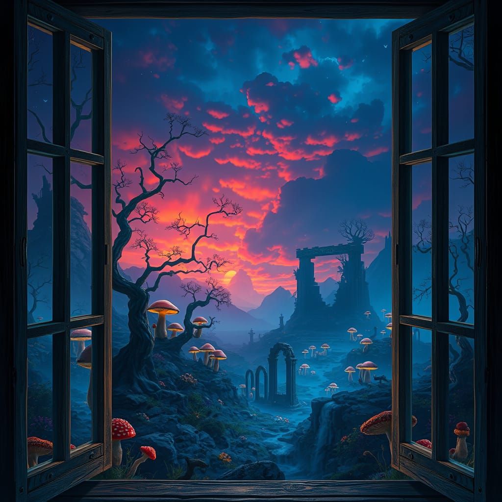 Mystical Realm Unfolds Behind Paned Window