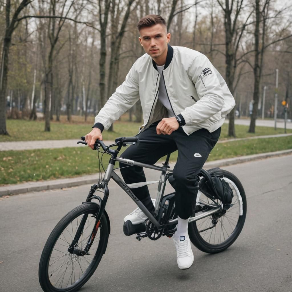Young Slavic Man Rides a Sport Bicycle in a Photorealistic O...