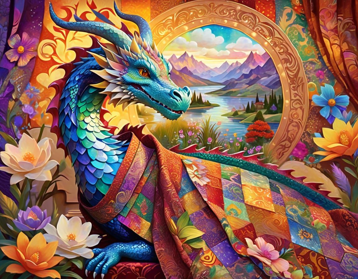 Patchwork Dragon in Ornate Floral Dress