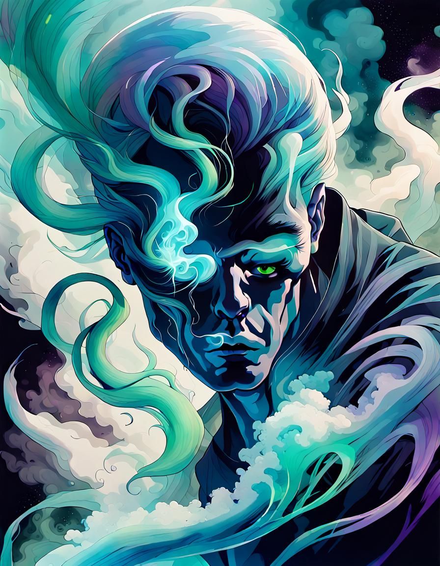 Ethereal Ghost Figure in Watercolor with Smoke Tail