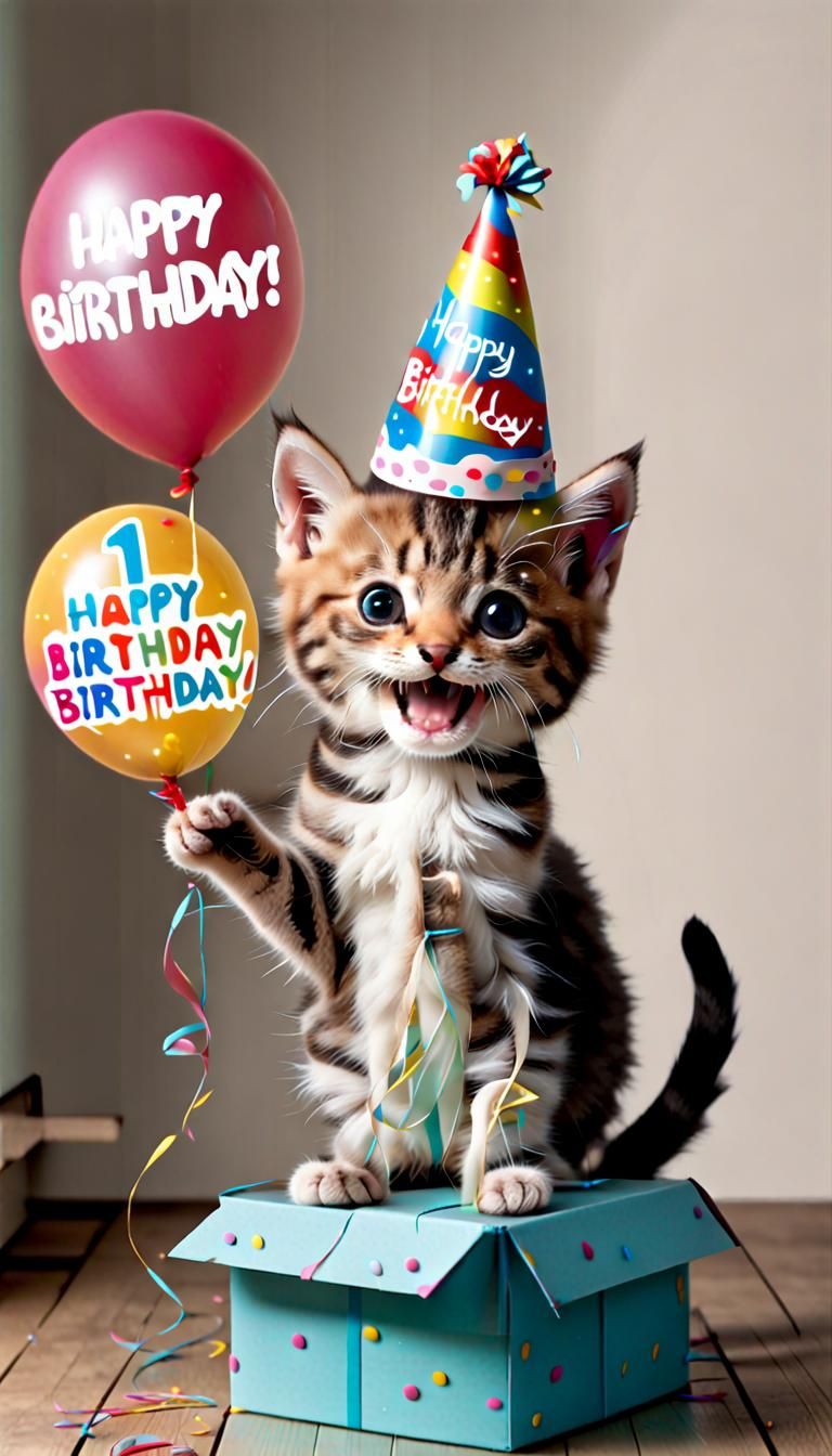 Kitten Celebrates Birthday with Cake and Balloons