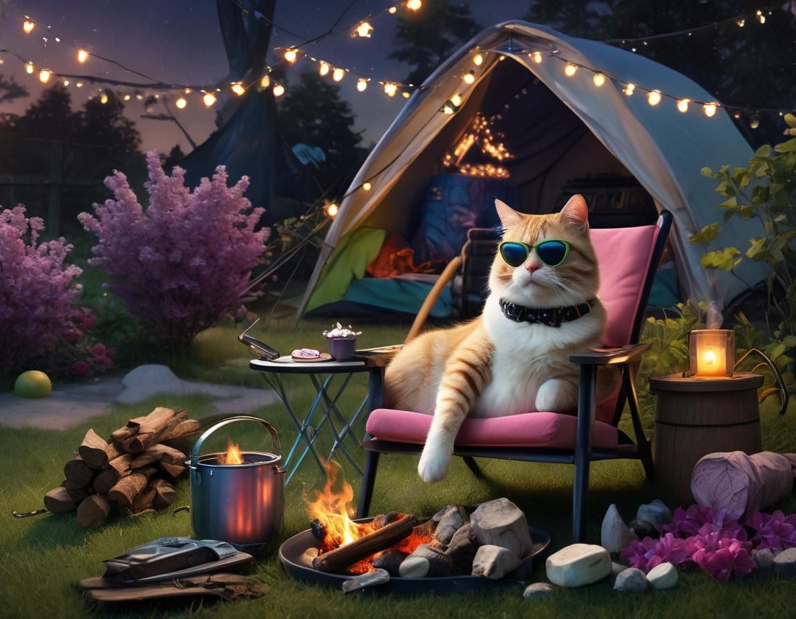 Tabby Cat Roasting Marshmallow in Ethereal Landscape
