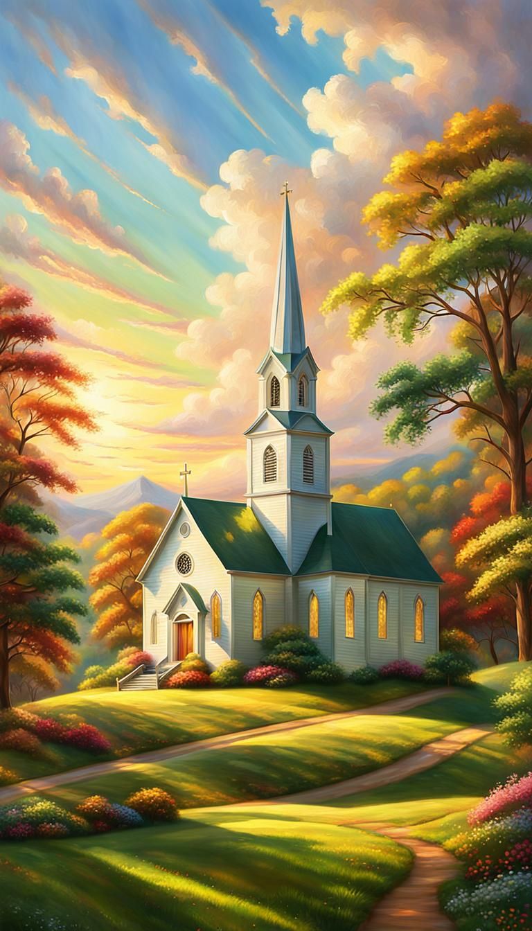 Sunlit Country Church in Hyperrealistic Style