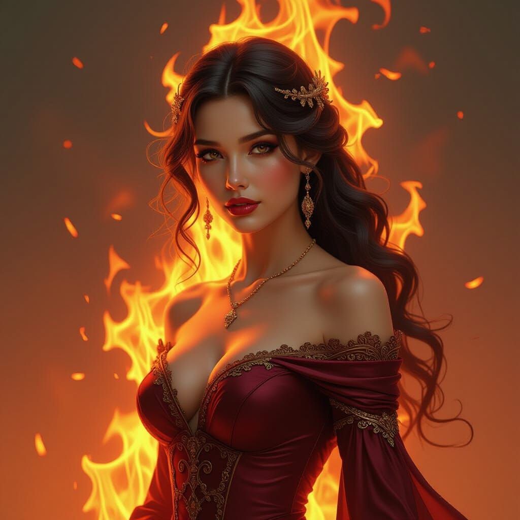 Fiery Woman: Dark Fantasy Digital Art in 8K