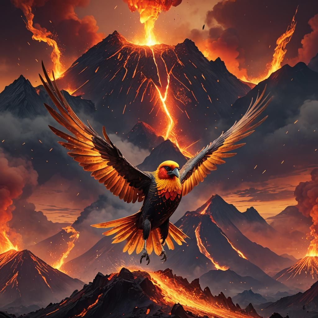 Fiery Bird Soaring Above Volcanic Landscape