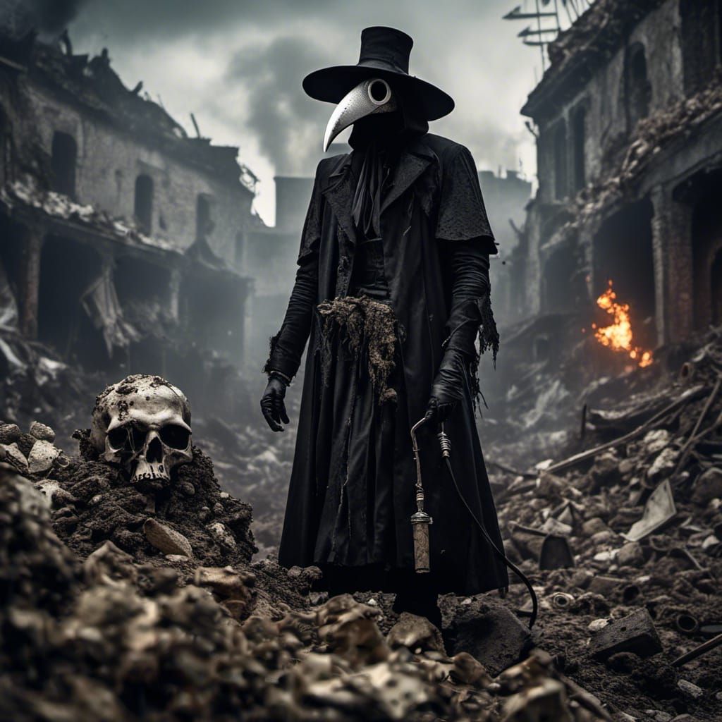 Plague Doctor Searches for Life in Rubble