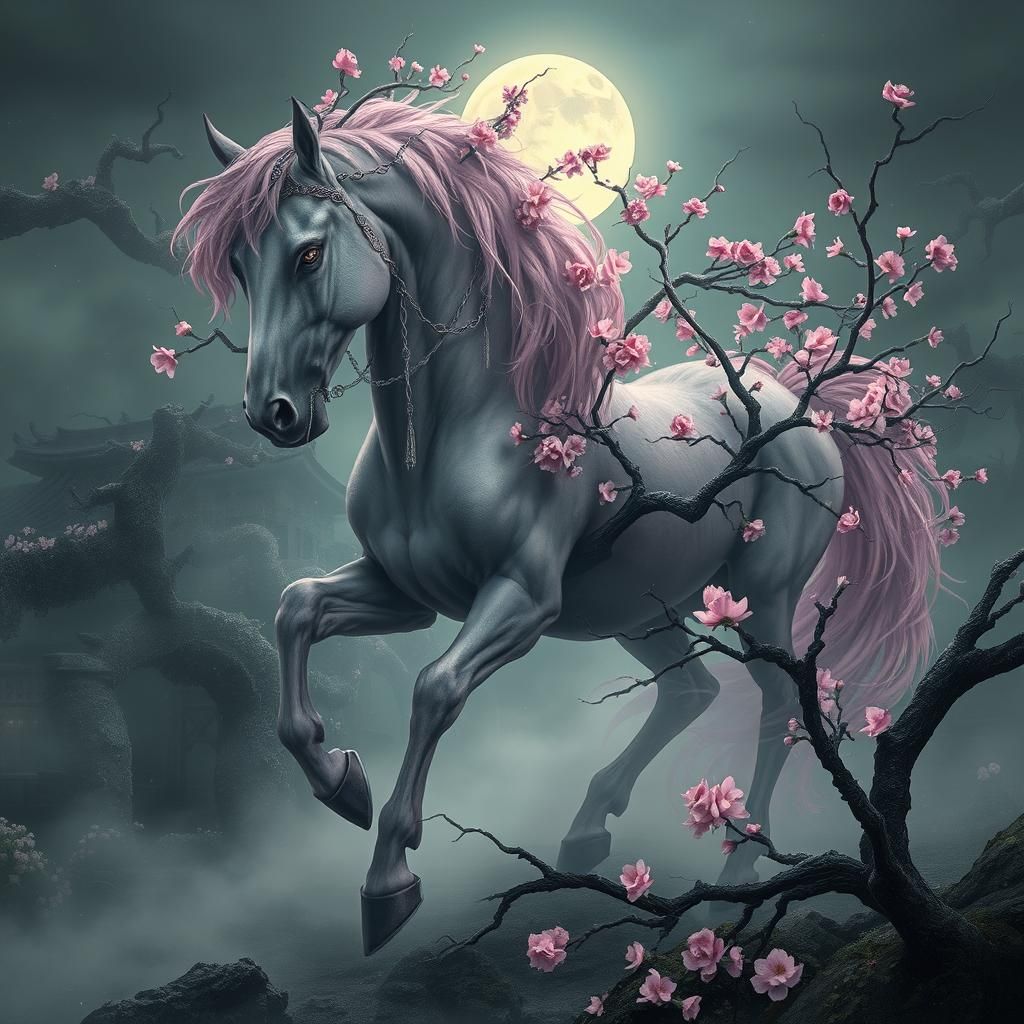 Ethereal Sakura Horse in Misty Garden