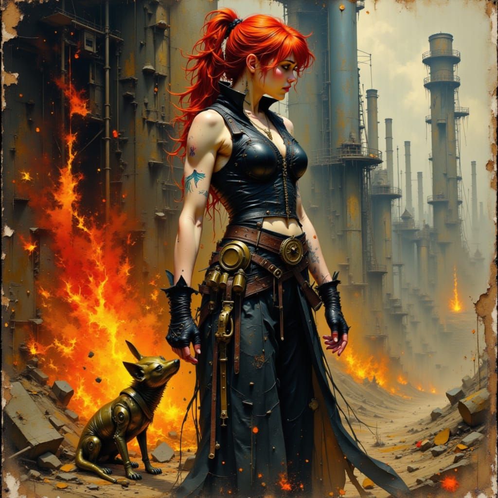 Steampunk Rebel Woman in Fiery Refinery Ruins