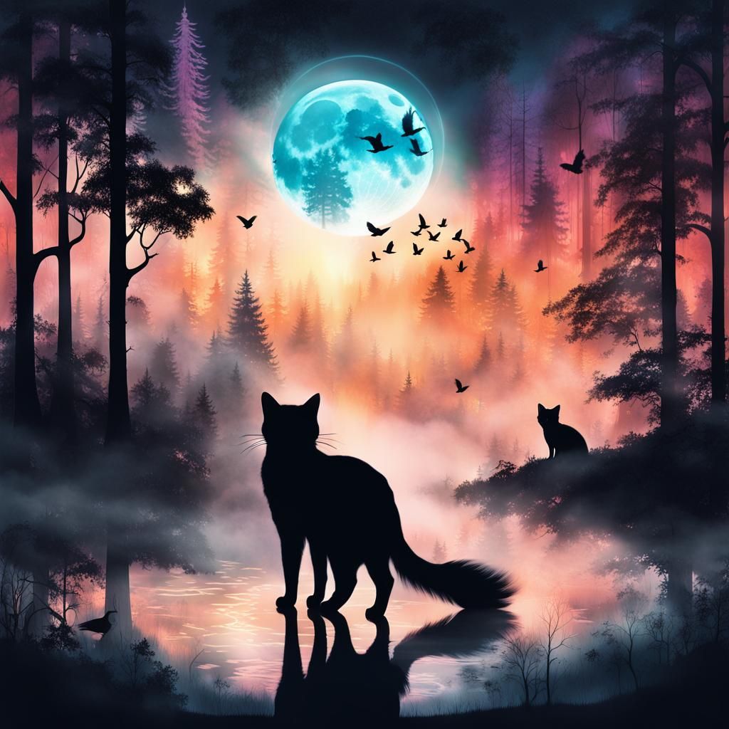 Mystical Forest Landscape Inside Cat Silhouette