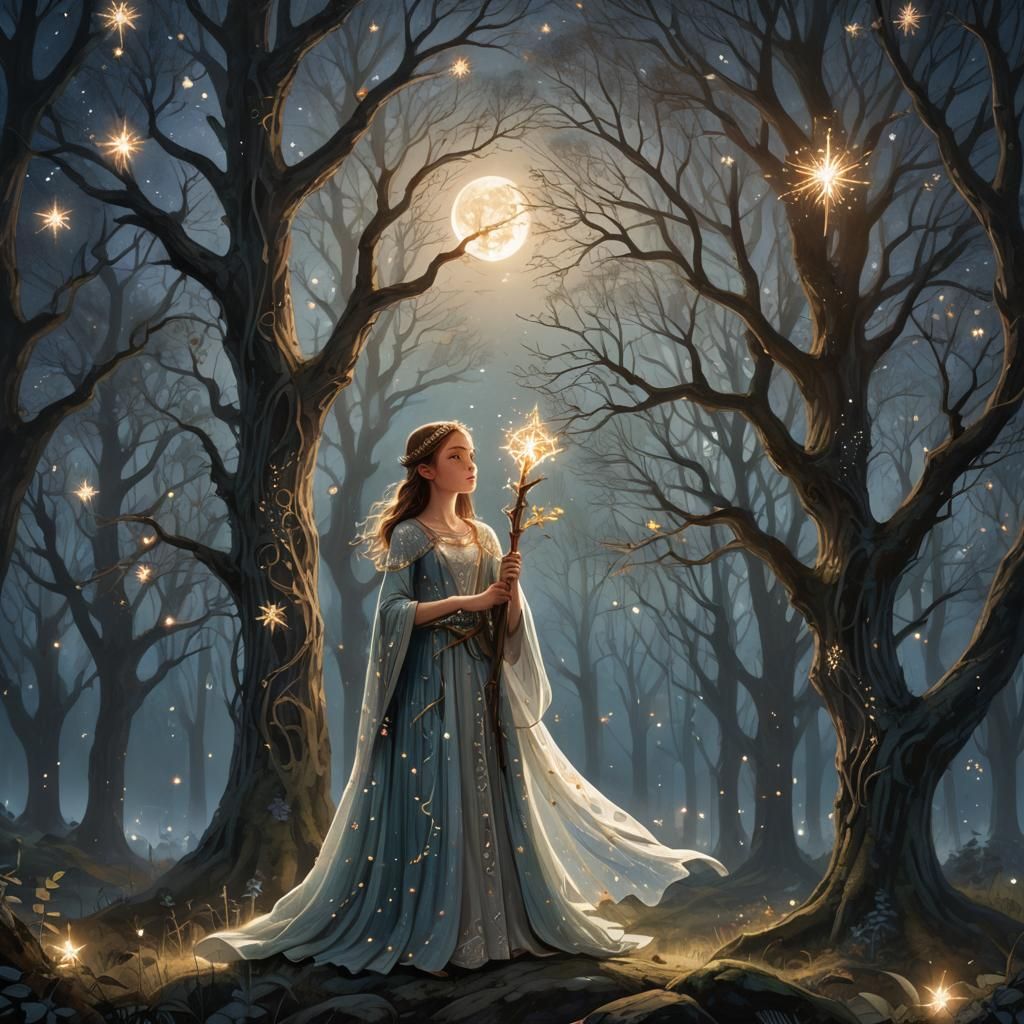 Magical Girl's Forest Journey: Gouache Watercolor Painting