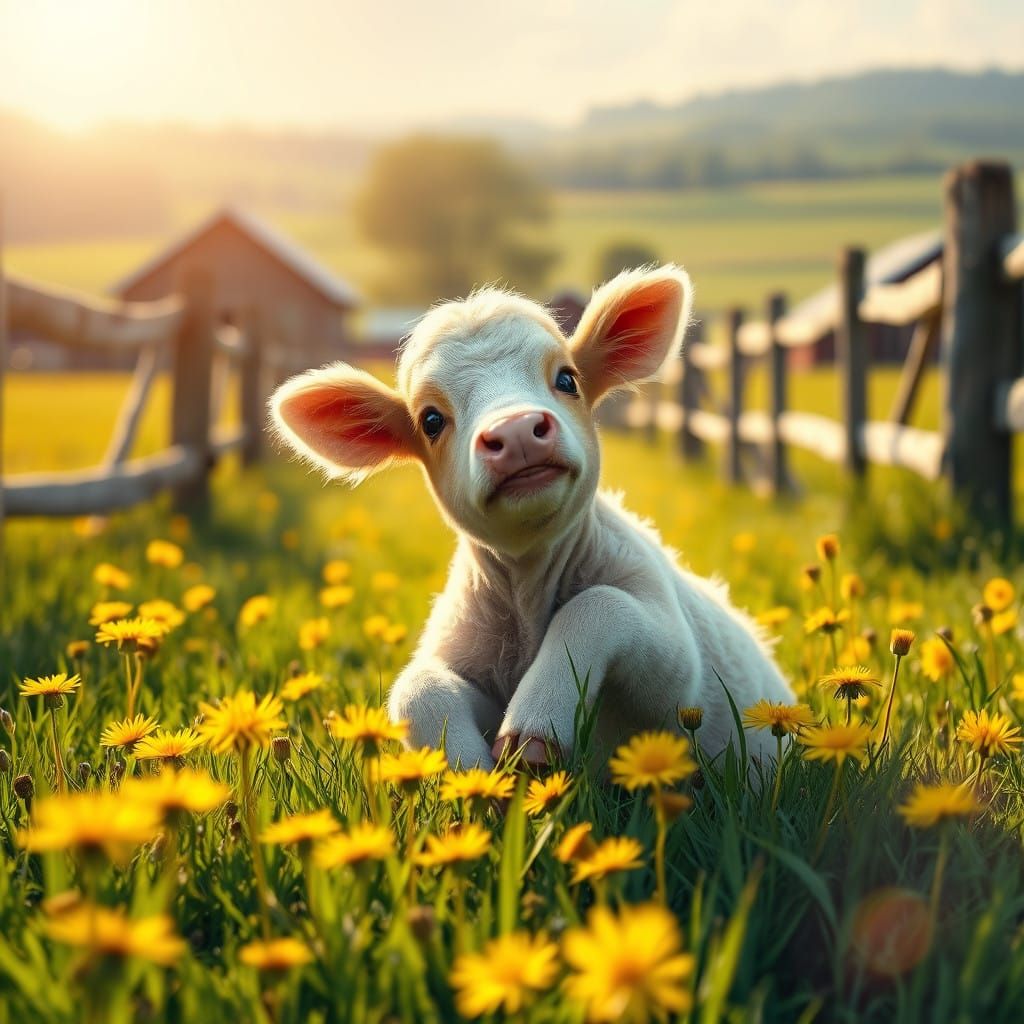 Playful Baby Cow Frolics in Vibrant Yellow Meadow