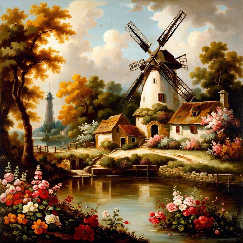 Idyllic Village Windmill: An Oil Painting in Textured Style