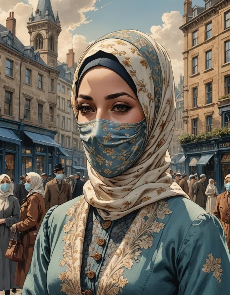 Vintage Comic Portrait of Victorian Woman in Hijab