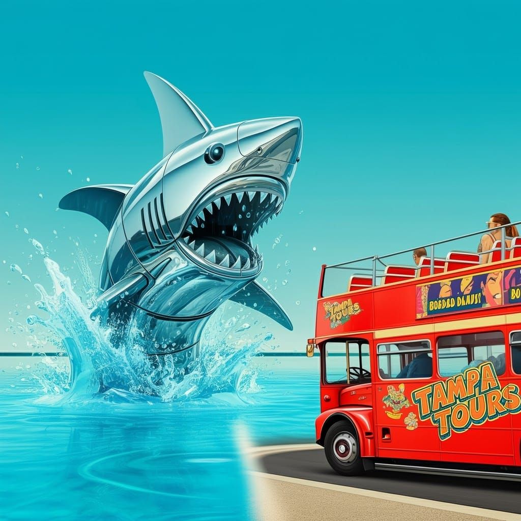 Tampa Tours Bus and Robotic Shark, Retro-Futuristic Style