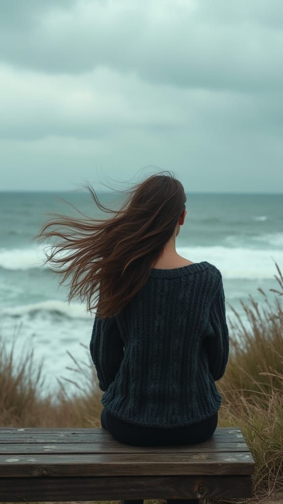 Solitary Woman Gazes at Ocean on Windswept Dunes