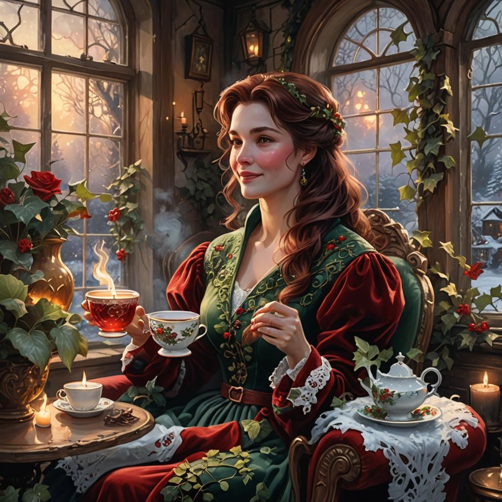 Cozy Cottagecore Woman Enjoying Tea by Firelight