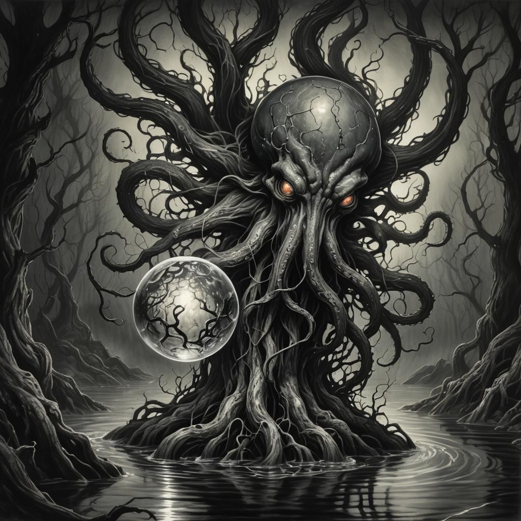 Charcoal Drawing of Tentacled Creature in Swamp