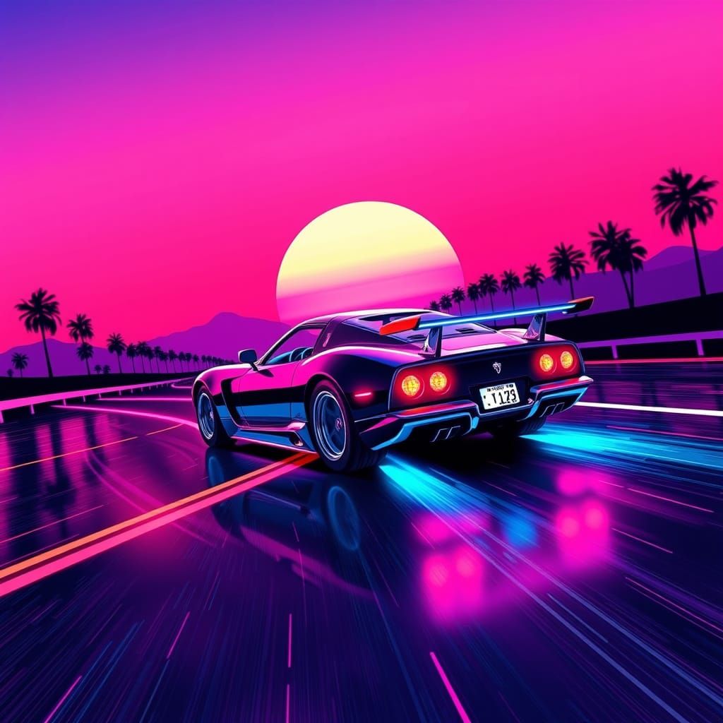 Cyberpunk Sports Car Speeds Down Radiant Highway at Sunset