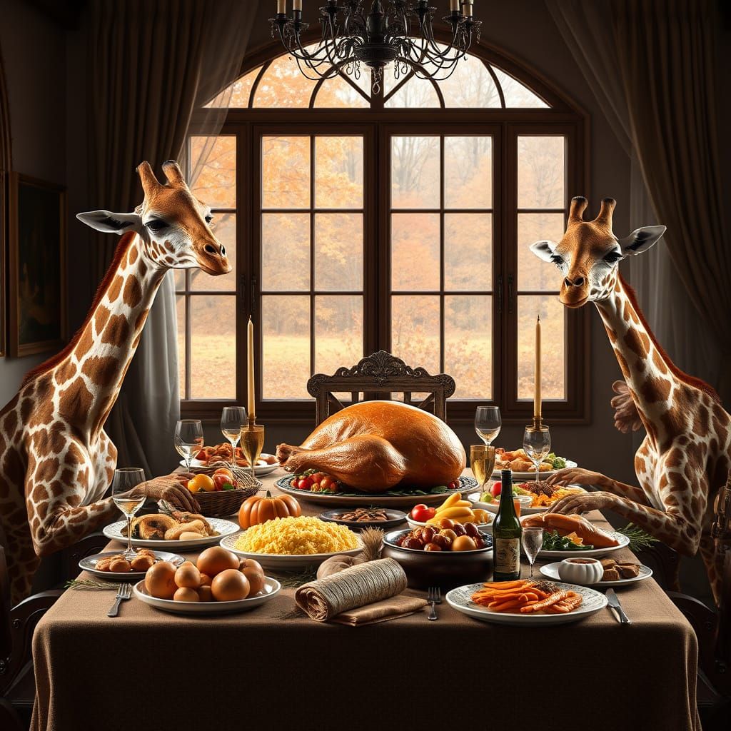 Giraffe Family Thanksgiving Dinner Portrait in Norman Rockwe...
