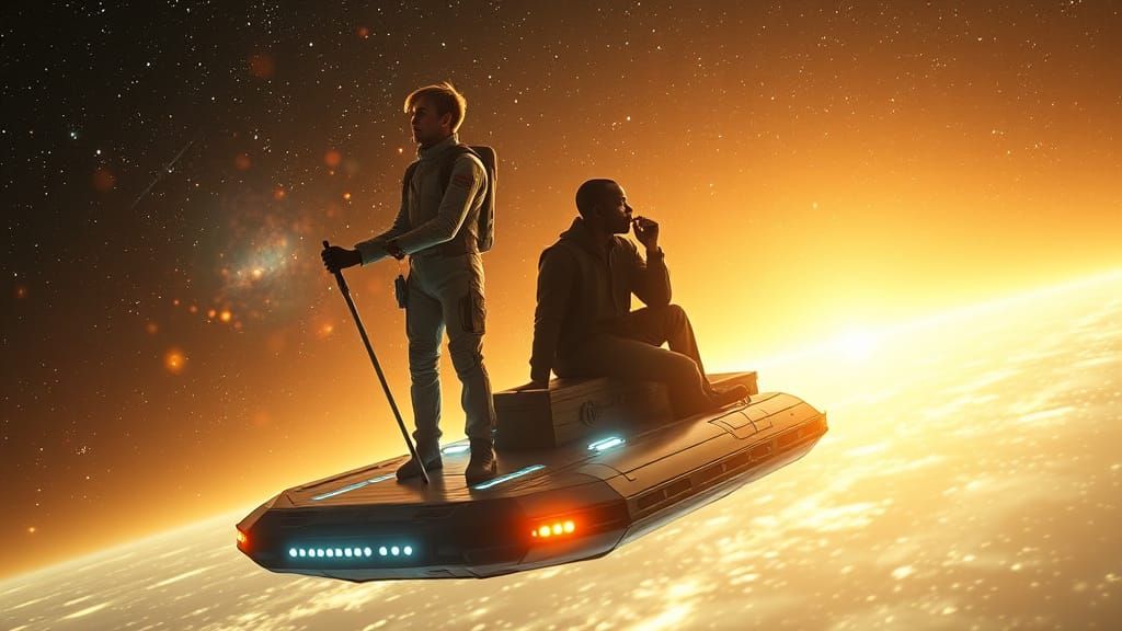 Futuristic Space Travelers Float on River of Plasma