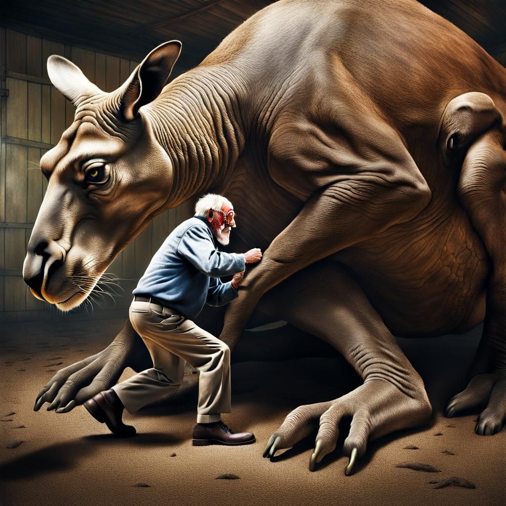 Surreal Photo of Man Entering Giant Kangaroo