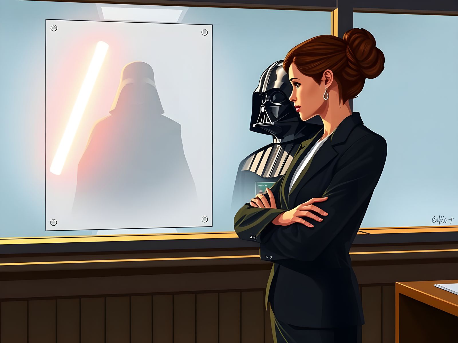 Leia Watches Darth Vader with Raised Eyebrow in Corporate Of...