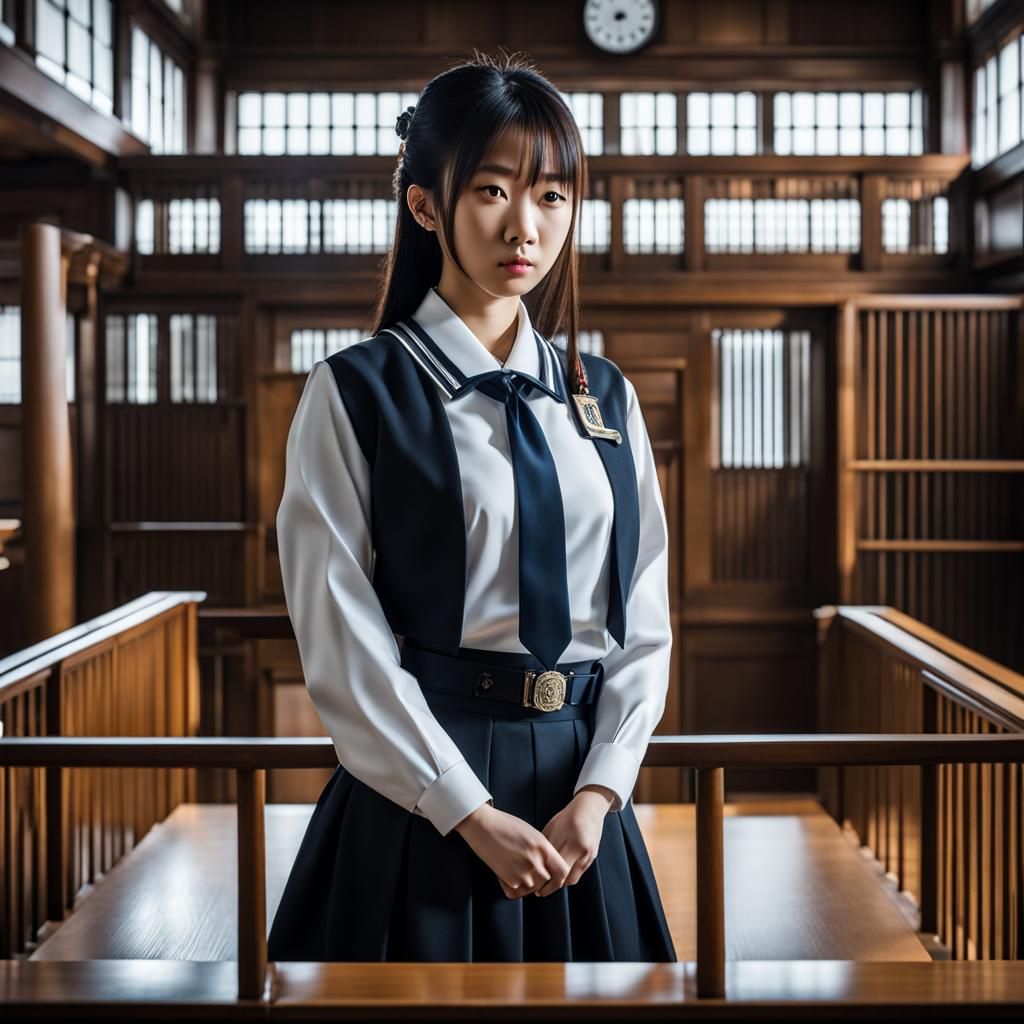 Japanese Girl in Courtroom Cage: Hyperrealistic Image