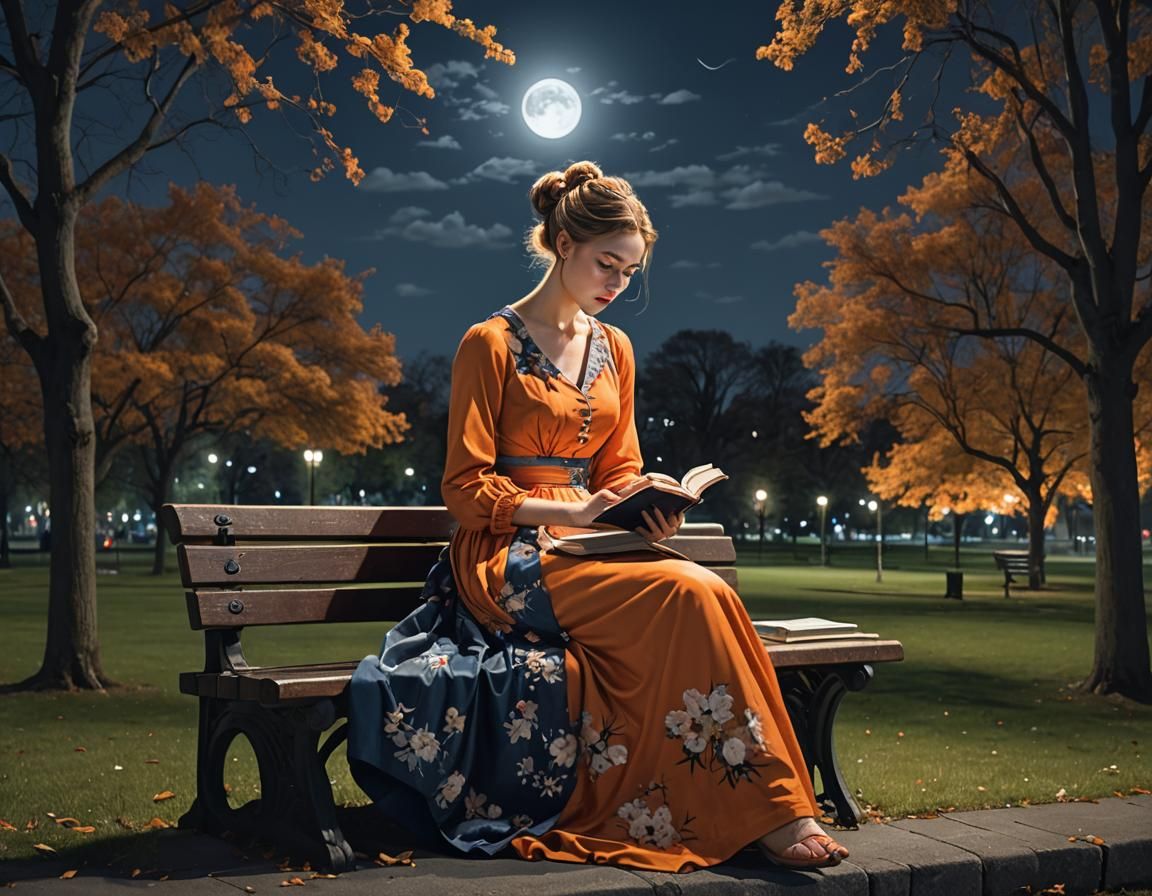 Serene Nighttime ParkScene with a Young Woman Reading