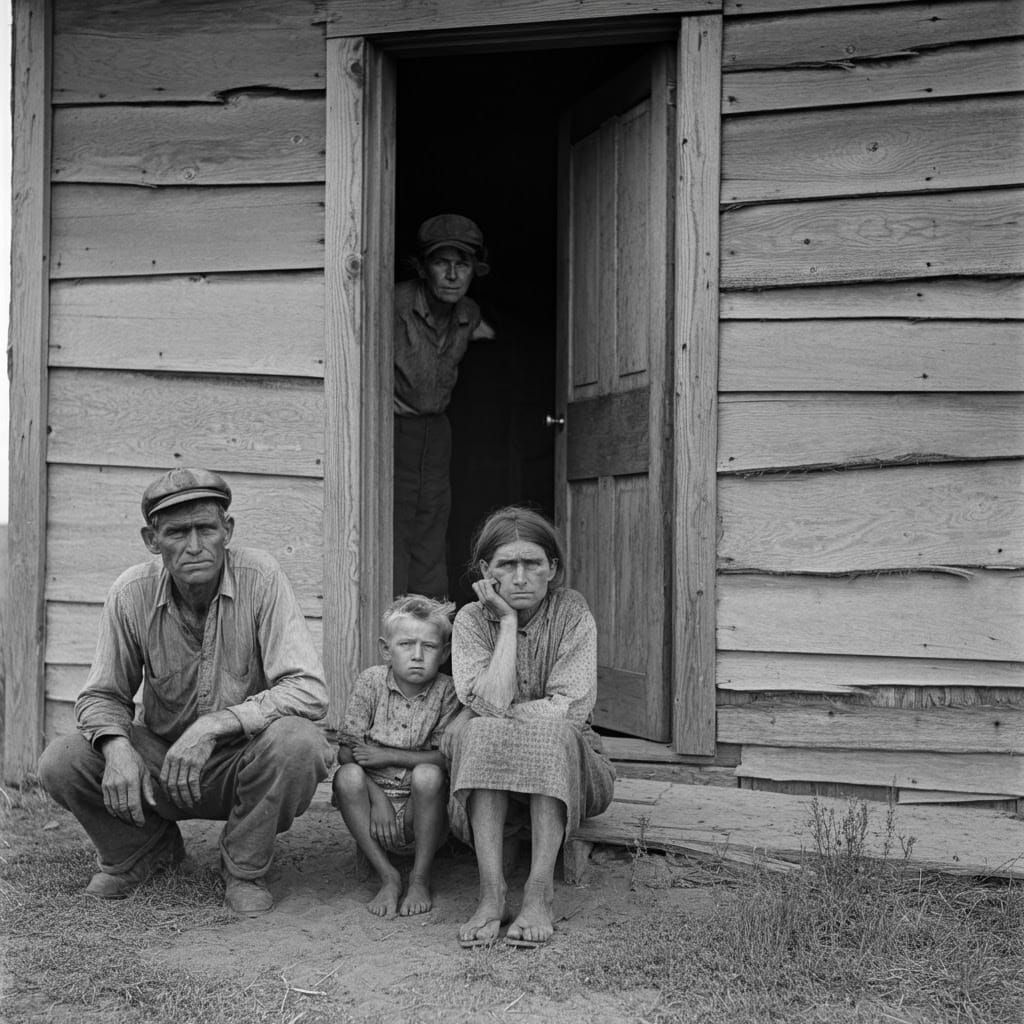 Dust Bowl Family in Kansas, Black and White Photo