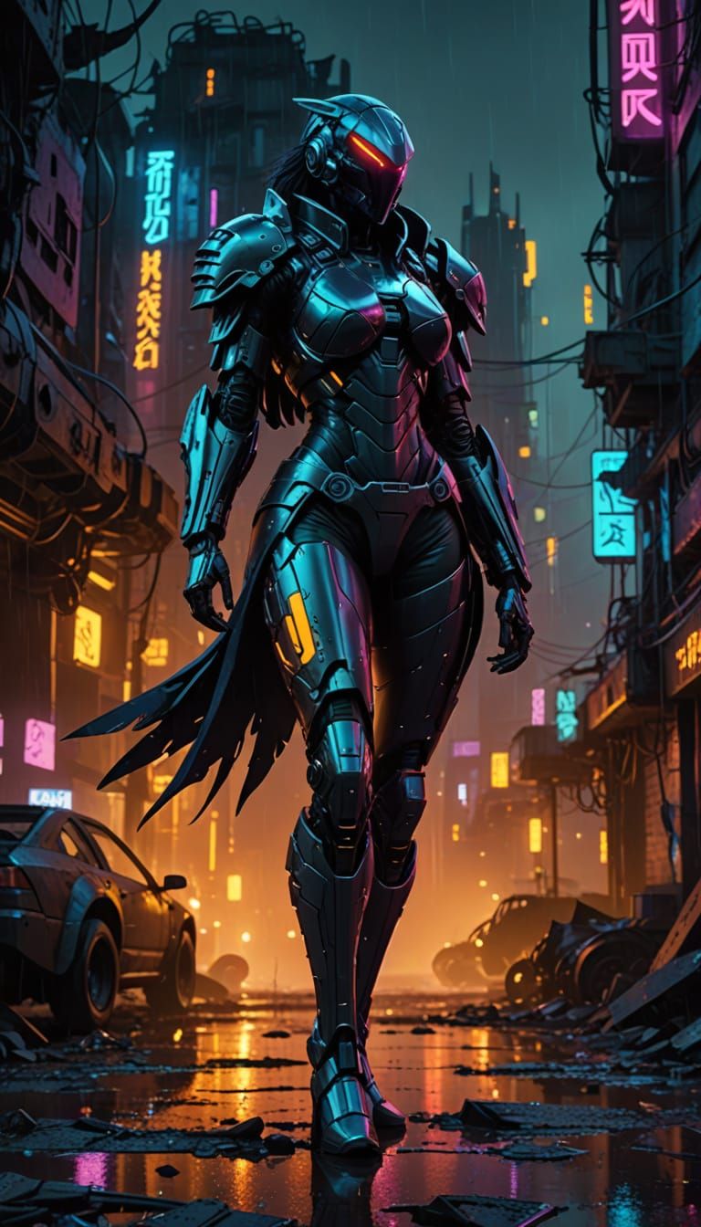 Cyberpunk Raven Anthro in Ruined Cityscape