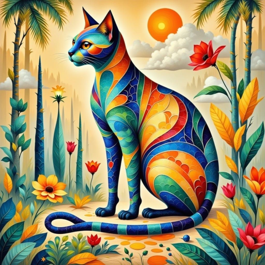 Egyptian Cat with Zentangle Patterns in Pharaonic Art Style