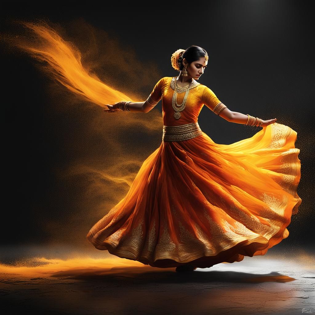 Kathak Dancer in Saffron Paint: Liquid Splash Art