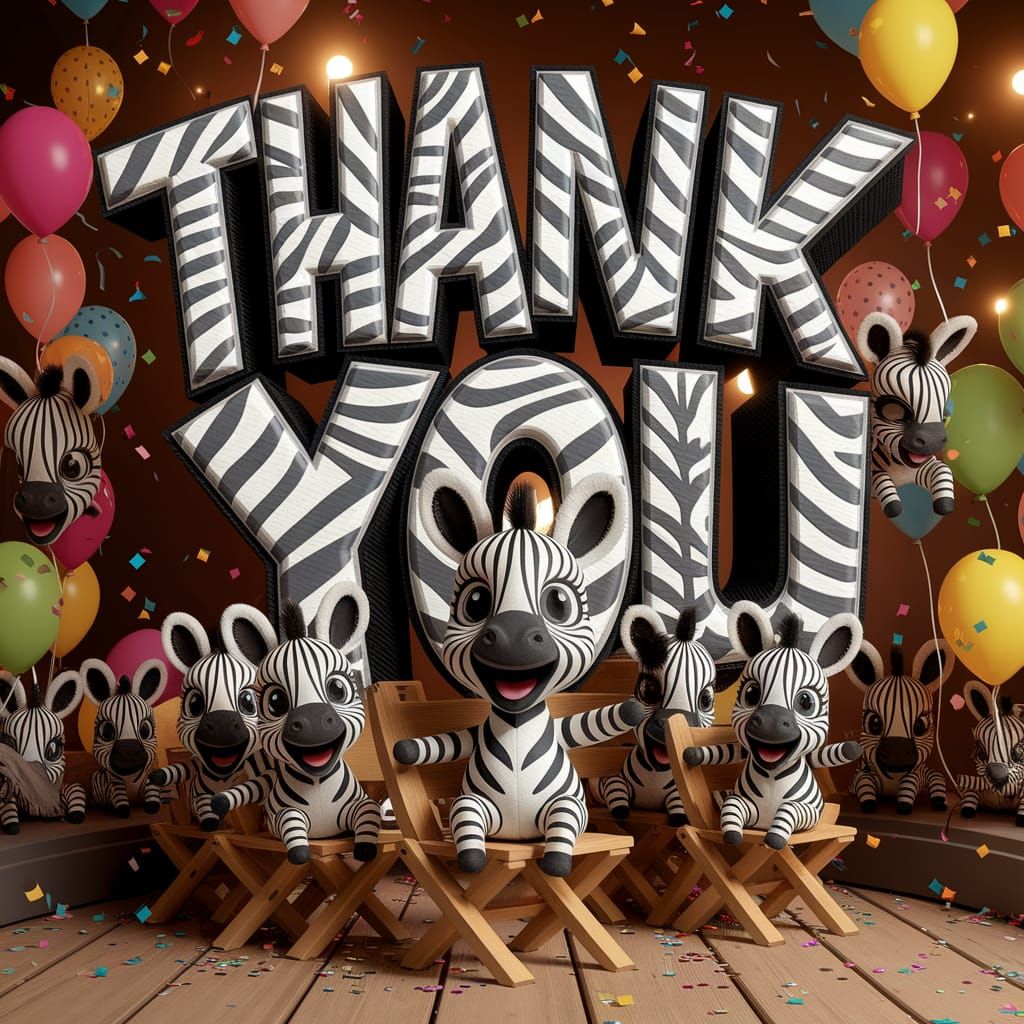 In a dimly lit room filled with colorful balloons and confetti falling from above, large 3D zebra-striped text "THANK YO...