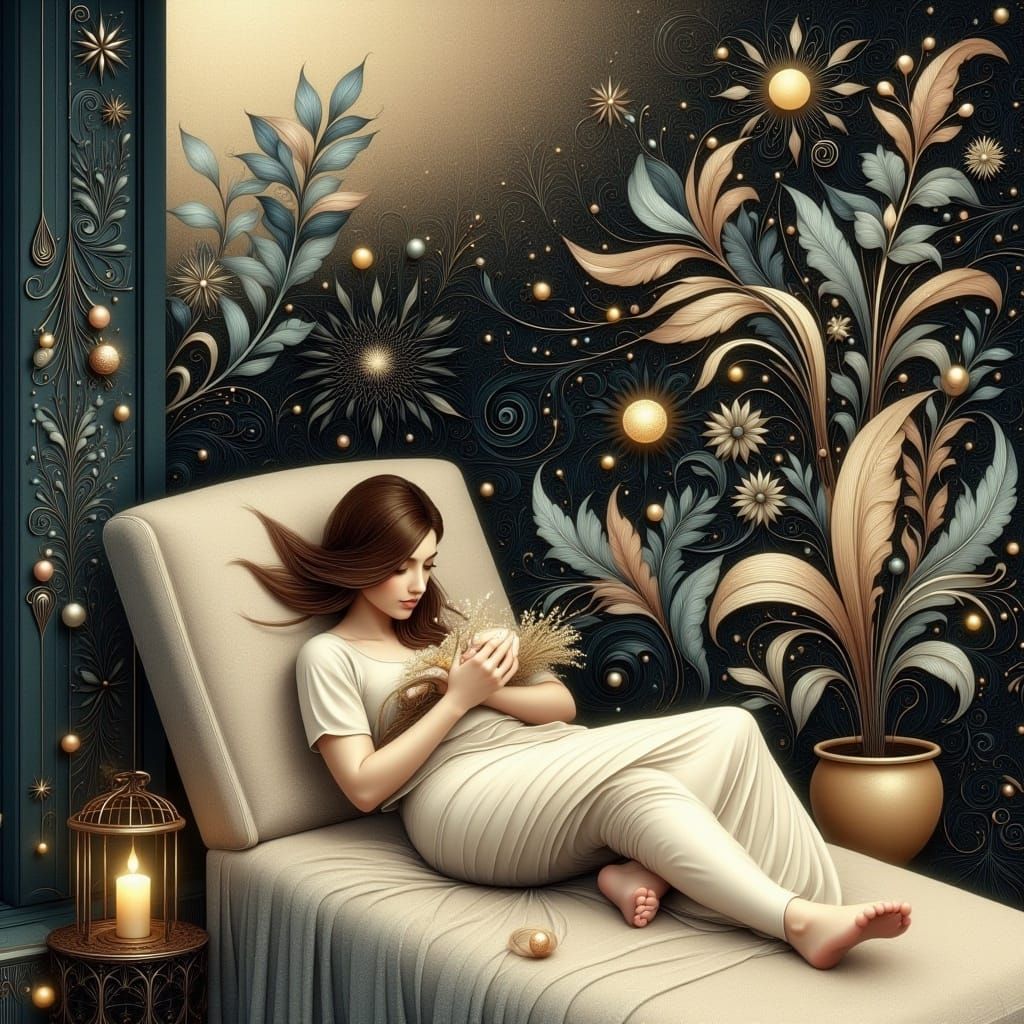 Woman Relaxing on Patio in Whimsical Style