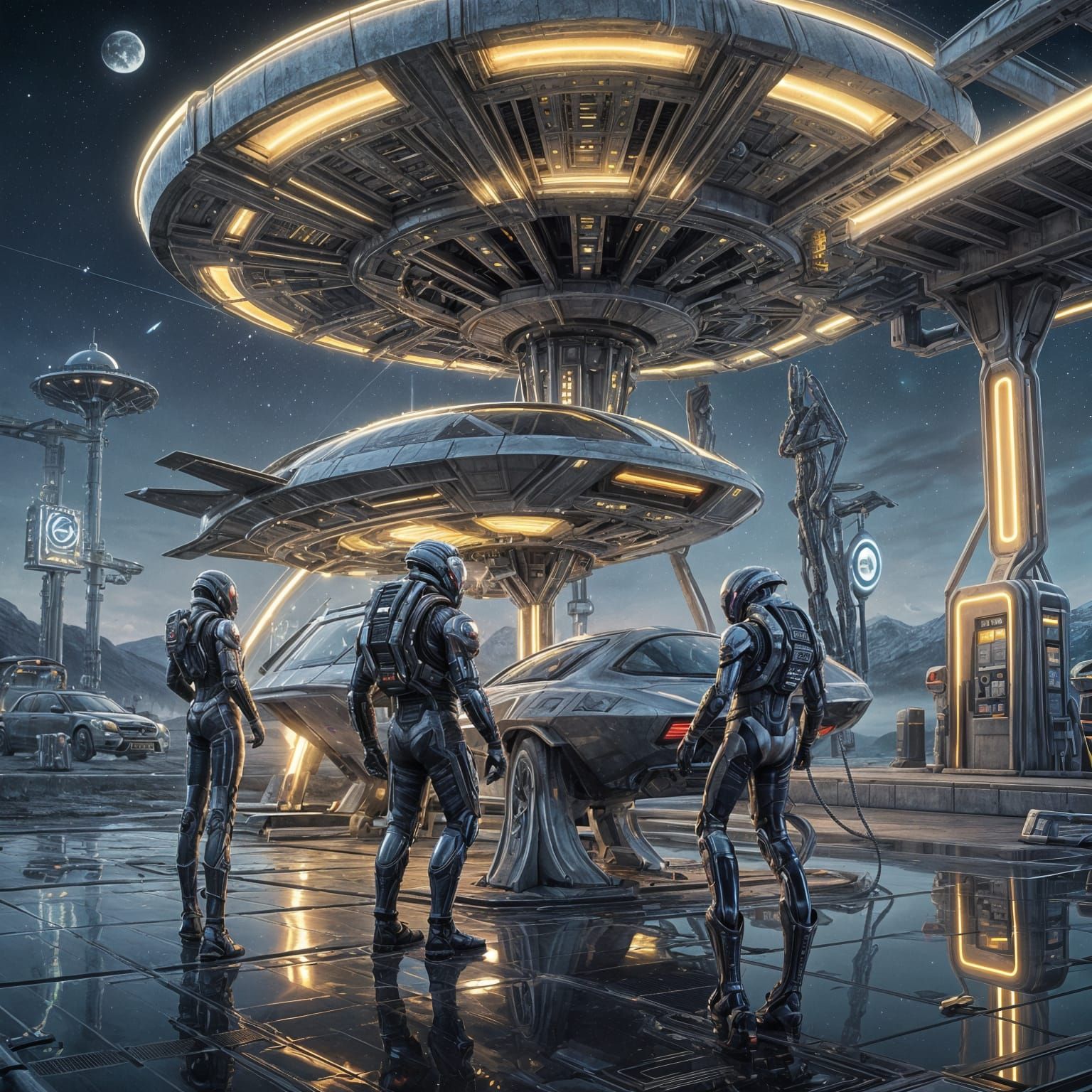 Aliens Fueling Spaceship at Neon Gas Station