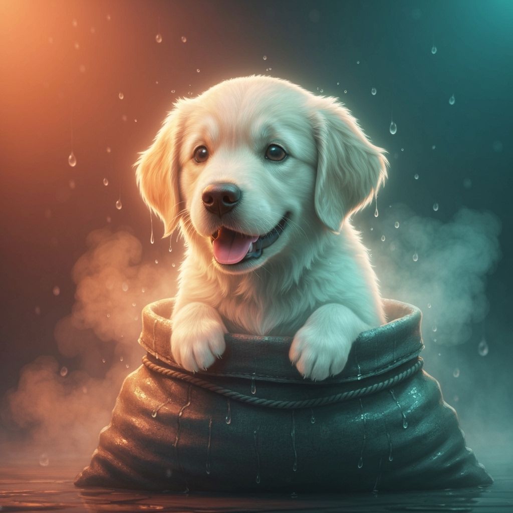 Misty Golden Retriever Ghost Puppy in Wet Sack