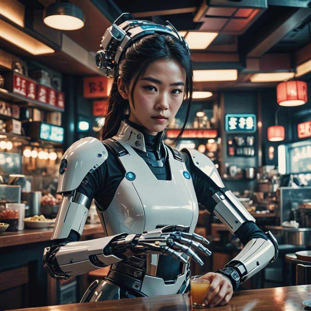 Futuristic Android Waitress in Japanese Restaurant