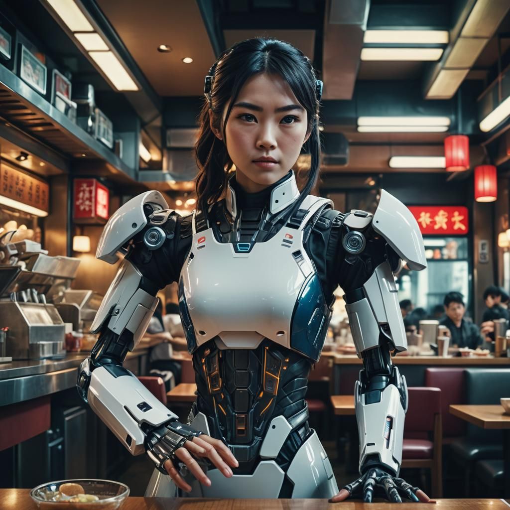 Futuristic Android Waitress in Japanese Restaurant