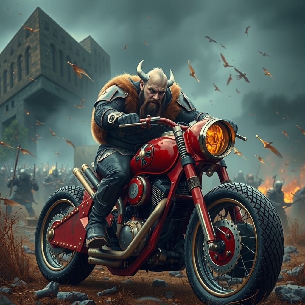 Ragnar Lothbrok on a Viking Motorcycle in Dystopian Battlefi...