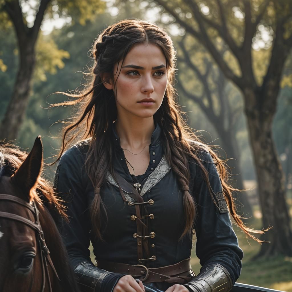 Medieval Woman with Soldier on Horse in Silhouette