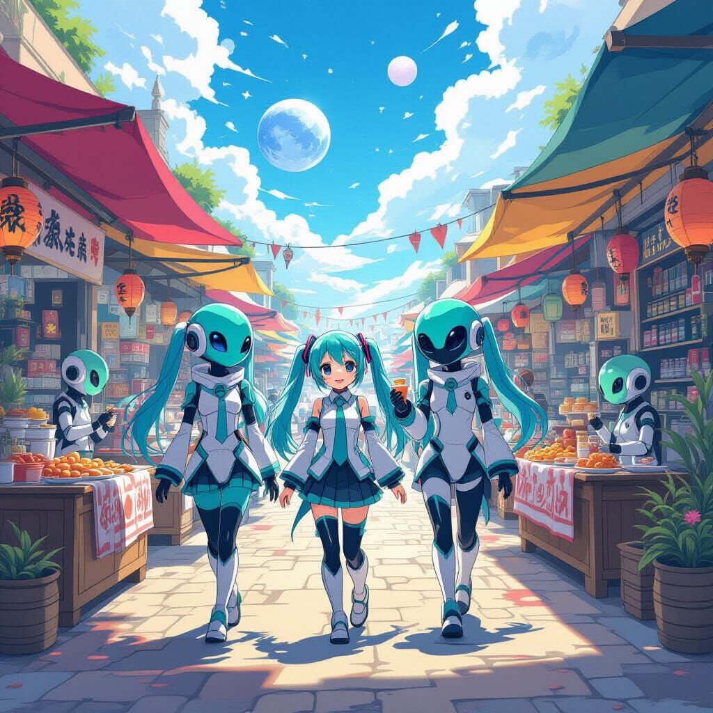 Hatsune Miku and Aliens at a Floating Bazaar