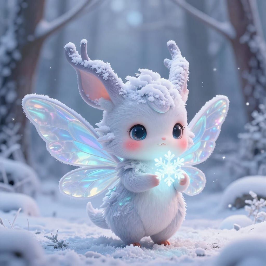 Kawaii Winter Fae Creature Holding Glowing Snowflake