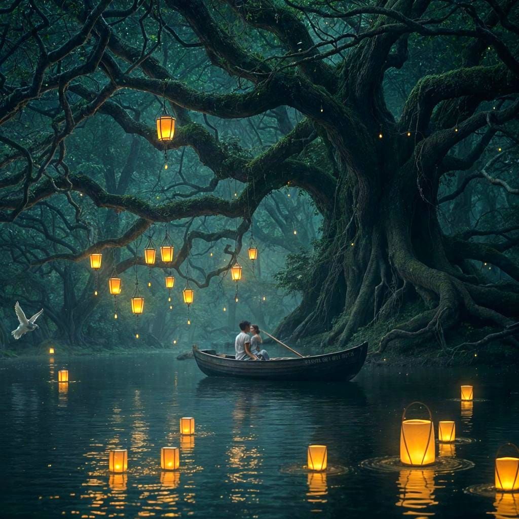 Enchanting Forest Scene with Glowing Tree and Boat