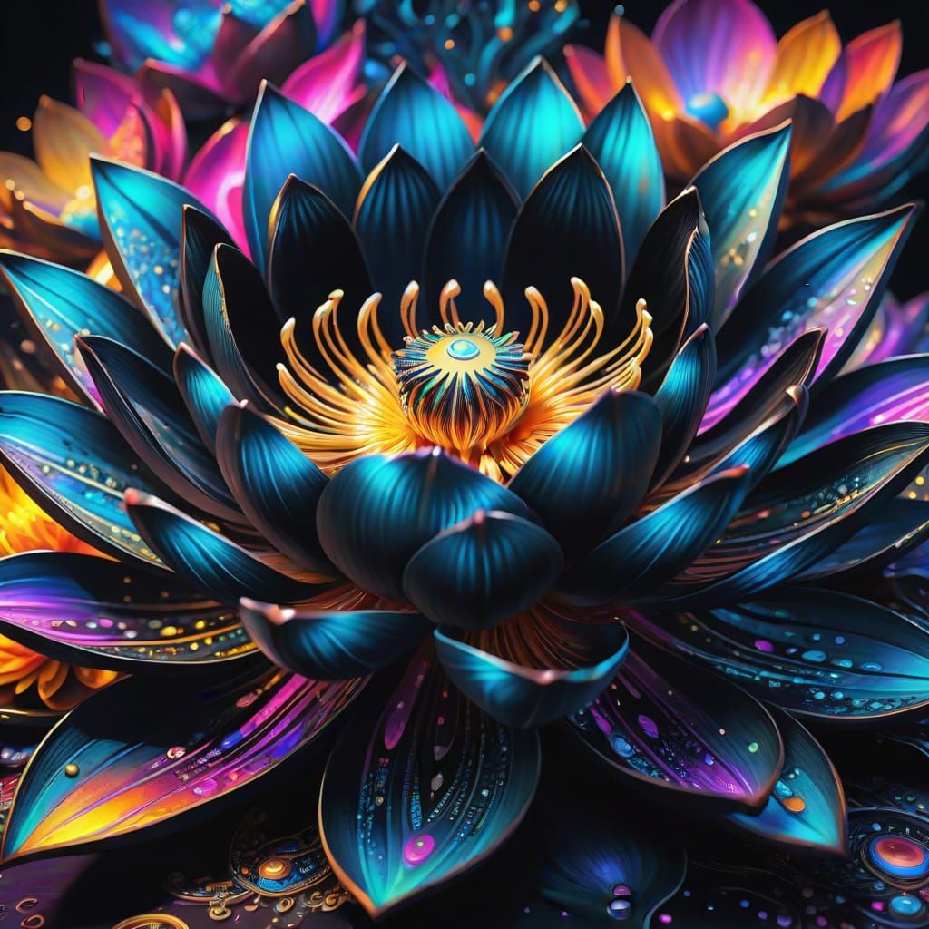 Vibrant Cosmic Black Lotus Blooms in Iridescent Glory