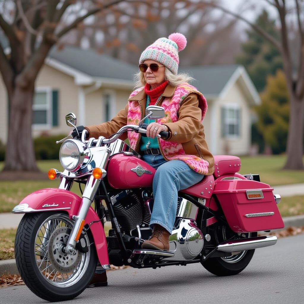 Elderly Woman on Pink Knitted Motorcycle in Midwest